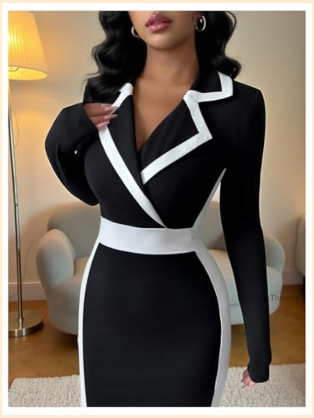 Women's Elegant Bodycon Midi Dress Long Sleeve Cocktail - Picture 3 of 5